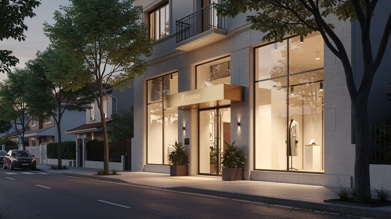 Elegant boutique storefront exterior in the Carrasco neighborhood of Montevideo